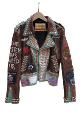Men's Multicolor Studded Leather Jacket, Pyramid Studded Collar, Men's Brando Cow Leather Jacket, Spiked and Studs Patches Jacket Leathers